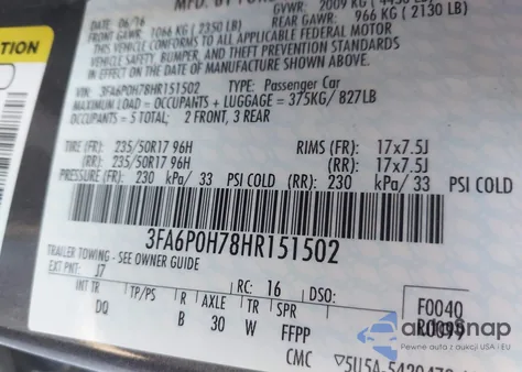 2017 Ford Fusion Se from USA, damaged, VIN 3FA6P0H78HR151502